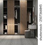 Woman’s wardrobe with rattan door, dressing table, stool in gray wall bedroom with carpet floor for interior design decoration, product background 3D