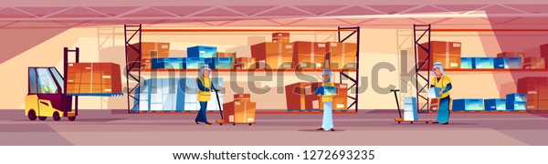 Warehouse and Arab workers illustration of\
logistics storehouse with goods on shelf. Men in Saudi Arabian\
thobe robe loading box parcels in forklift loader or pallet truck\
on cartoon\
background