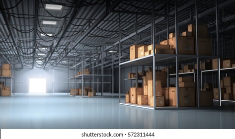 Warehouse And Boxes - 3D Rendering