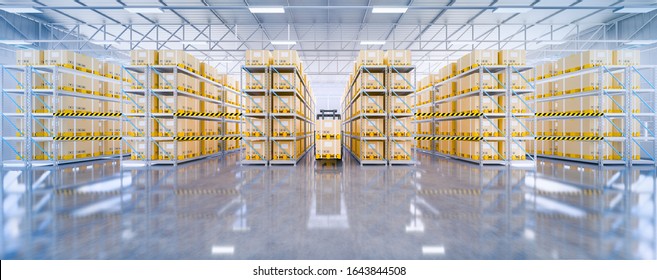 Warehouse Building Using For Storage And Distribution Centers. Warehouse Interior Consist Of Polished Concrete Floor, Forklift And Box Package In Perspective View For Background. 3d Rendering.