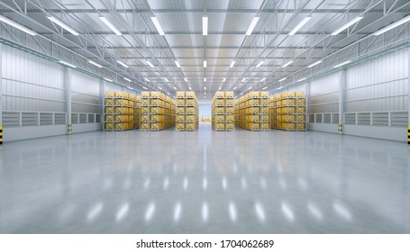 Warehouse building using for storage and distribution centers. Warehouse interior consist of polished concrete floor and box package storage on shelf in perspective view for background. 3d rendering.