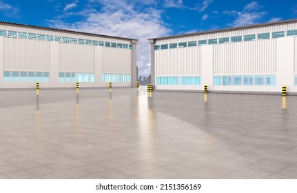 Warehouse Buildings. Territory Of Modern Warehouse Center. Facades Of Warehouse Buildings From Outside. Construction For Long Term Storage. Modern Hangars On Blue Sky Background. 3d Rendering.