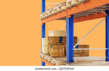 Warehouse Business. Shelving With Pallets. Warehouse Business Equipment Concept. Cardboard Boxes Are Stored On Rack. Steel Modular Shelving For Warehouse. Storage Rack Isolated On Orange. 3d Image.