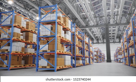 Warehouse with cardboard boxes inside on pallets racks, logistic center. Huge, large modern warehouse. Warehouse filled with cardboard boxes on shelves, boxes stand on pallets, 3D Illustration