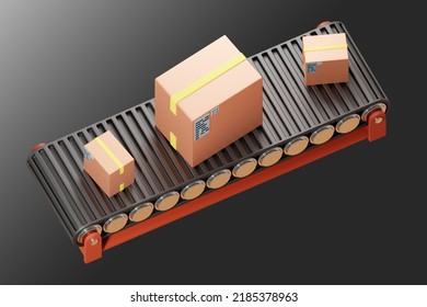 Warehouse Conveyor. Conveyor With Boxes Top View. Warehouse Automation Concept. Automation Processes For Delivery Service. Cardboard Boxes On Dark Background. Logistics Warehouse Automation. 3d Image