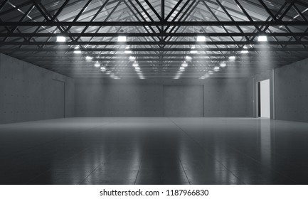 Warehouse Empty Dark Car Showroom 3D Rendering