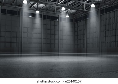 Warehouse empty dark car showroom 3D rendering