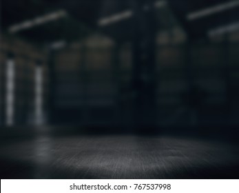 Warehouse Empty,Pedestal. Platform.Product Showcase Background Warehouse Blurred .3D Rendering