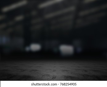 Warehouse empty,Pedestal. Platform.Product showcase background Warehouse blurred .3D rendering