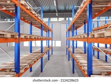Warehouse furniture. Empty warehouse racks. Empty logistics center. Concept shortage of goods in warehouse. Pallet rack systems. Delivery problem metaphor. Logistics center without anyone. 3d image