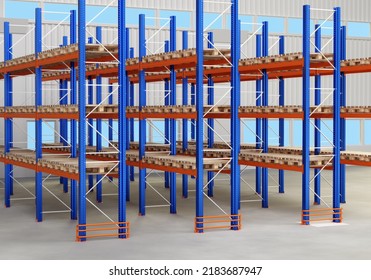 Warehouse Furniture. Multi-tier Warehouse Racks. Blue Construction For Long Term Storage. Racks For Storing Goods On Pallets. Mezzanine Construction. Warehouse Furniture Sale Concept. 3d Image.