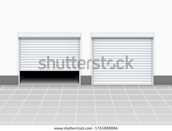 Warehouse or garage roller\
shutter door. Factory roller door entrance, floor building store\
shop interior