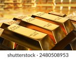 Warehouse with gold. Precious metal for state reserves. Gold bars lie on top of each other. Golden background. Gold bars of 1 kilogram. Aurum metal in ingots. Bullion for investment. 3d image