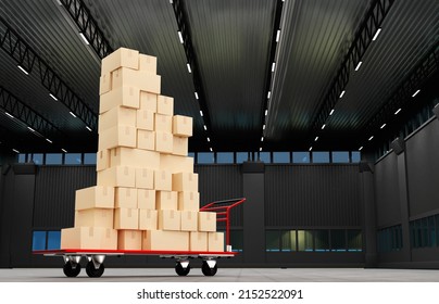 Warehouse hangar interior. Cart with mountain of boxes. Warehouse hangar without shelving. Cargo cart. Lots of cardboard boxes on cart. Warehouse hangar of courier company. 3d rendering. - Powered by Shutterstock