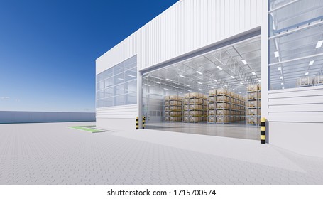 Warehouse or industry building exterior. known as distribution center and retail warehouse. Part of storage and shipping system. Included goods on shelf and brick paving or paving stone. 3d rendering.