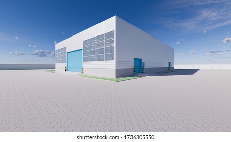 Warehouse Or Industry Building Exterior. Use As Distribution Center For Loading, Storage, Warehousing, Shipping And Freight Forwarding Of Cargo. Block Paving Or Paving Stone At Outdoor. 3d Render.