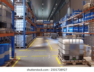 Warehouse interior. Distribution center. Logistics warehouse with barrels. Storage hangar for safekeeping of oil. Chemical products warehouse. Storeroom of industrial enterprise. 3d image - Powered by Shutterstock