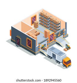 Warehouse Isometric. Big Storage House Machines Forklift Transportation And Loading Truck Warehouse Building Cross Section