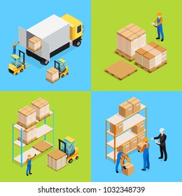 Warehouse Isometric Compositions Including Unloading Cargo, Inventory Assorting And Storage Of Goods Isolated  Illustration