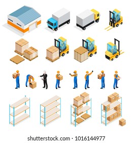 Warehouse isometric set including manager and workers, goods, trucks and forklifts, pallets and shelves isolated  illustration