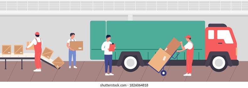 Warehouse loading process illustration. Cartoon flat worker people packaging goods into boxes for transportation by truck in storehouse stock room interior of warehousing company background - Powered by Shutterstock