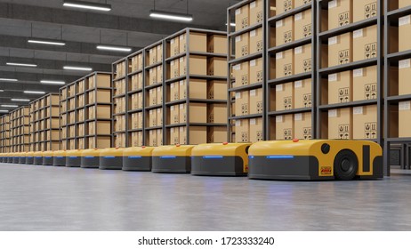 Warehouse In Logistic Center With Automated Guided Vehicle Is A Delivery Vehicle.3D Rendering