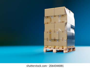 Warehouse pallet with boxes. Cardboard boxes on dark background. Business cargo storage metaphor. Concept - preparation of business cargo for delivery. Business cargo logistics. 3d rendering.