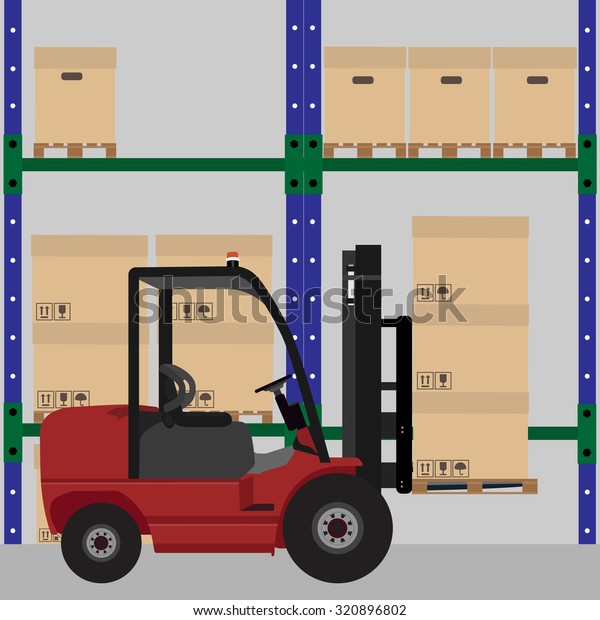 Warehouse\
raster illustration. Car loader with carton boxes with shipping\
symbols. Storage design. Warehouse\
interior