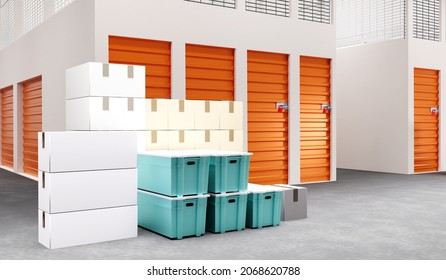 Warehouse Rental. Storage Containers On Ground. Warehouses With Orange Doors. Warehouse Company Interior. Rent Place To Store Personal Belongings. Block For Storage. Storage Unit. 3d Image.