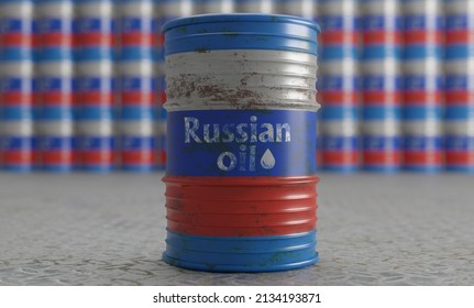 Warehouse Russian oil barrel, background with barrel. Barrels with colors Russian flag. close-up and selective focus. sanctions on Russian oil. 3D work and 3D illustration. selective focus