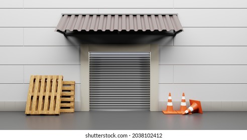 Warehouse Service Entrance With Closed Rolling Shutter, Wooden Pallets And Traffic Cones. Realistic Storage Gate Store Or Factory. Storehouse Exterior With Metal Automatic Door And Awning On Wall