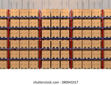 Warehouse Shelves Filled With Large Boxes. Retail, Logistics, Delivery And Storage Concept. Generic Brown Palettes On Racks Lined In A Row. Front View. Distribution Facility.