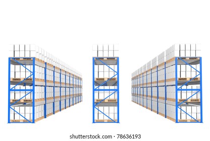 Warehouse Shelves, Front View. Part Of A Blue Warehouse And Logistics Series.