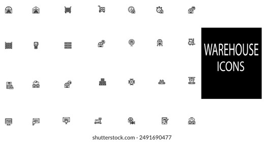 Warehouse simple concept 28 icons set. Contains such Warehouse worker, delivery van, food and cold warehouses. Warehouse exterior, global logistic industry.Vector illustration. - Powered by Shutterstock