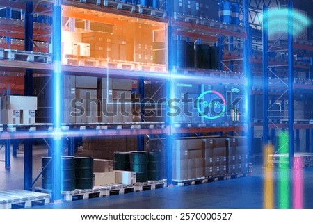 Warehouse space. High tech storage area. Warehouse with futuristic screens near shelves. Distribution center. Data on occupancy near warehouse racks. Innovations in fulfillment industry. 3d image