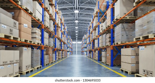 Warehouse or storage and shelves with cardboard boxes. Industrial background. 3d illustration