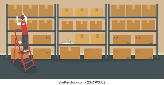 Warehouse or storeroom: storekeeper on ladder near rack with cardboard boxes.Cargo in packages, tape dispenser and folders on shelf, staircase.Place of work for warehouseman.Raster illustration - Powered by Shutterstock