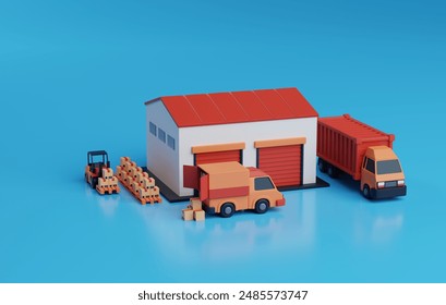 Warehouse symbolizes logistics, efficient storage and distribution of goods. Use presentations, marketing materials, website designs related to logistics, warehousing. 3D render illustration.