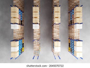 Warehouse System Top View. Pallet Racks With Boxes. Warehouse Of Logistics Center. Industrial Storage Systems. Concept - Sale Of Pallet Racks. Multi-tiered Pallet Racks. Logistics Storage. 3d Image