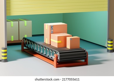 Warehouse Technologies. Conveyor Inside Robotic Warehouse. Modern Warehouse Without People. Boxes In Storage Building. Conveyor For Fast Processing Parcels. Small Room With Automatic Gate. 3d Image