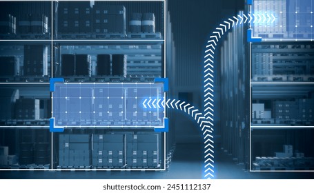 Warehouse technologies. Storage shelves with digital lines. Innovative logistics warehouse. Storage with racks for boxes and barrels. Technologies for warehouse automation. 3d image - Powered by Shutterstock