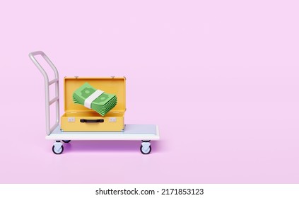 Warehouse Trolley Icon 3d With Pile Dollar Banknote In Yellow Suitcase, Platform Trolley Isolated On Pink Background. Investment Or Business Finance, Loan Concept, 3d Render Illustration 