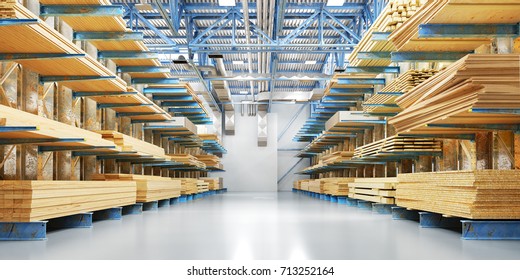 Warehouse with variety of timber for construction and repair. Delivery concept. 3d illustration