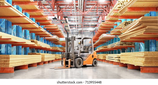 Warehouse with variety of timber for construction and repair. Delivery concept. 3d illustration