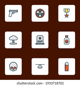 Warfare Icons Colored Line Set With Poison, Medal, Bio Hazard And Other Radioactive Elements. Isolated Illustration Warfare Icons.