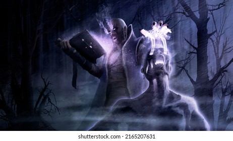 A Warlock With A Beard In A Robe Casts Dark Magic From An Ancient Book With Terrible Spells In Close-up. A Young Sorcerer With Smoking Eyes And Fangs Revives A Dead Body At Night In A Creepy Forest.