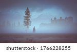 Warlock walking in the mist near an old fir and a little lake with a skeleton a castle in the background in mountains - concept art - 3D rendering 