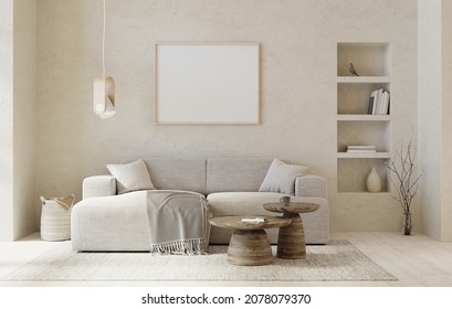 Warm, Beige Colors Interior With Sofa, Round Coffee Tables And Picture Mockup. 3D Render. 3D Illustration. 