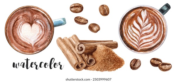 Warm Coffee Love A Beautiful Watercolor Art Creation Featuring Lattes and Aromatic Spices - Powered by Shutterstock