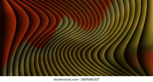 Warm colored abstract pattern with curved linear waves in orange and yellow tones. Soft grainy texture with rhythmic flowing shapes and deep shadows.